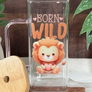 Born Wild Lion Square Glass Mug Baby Shower Party Favor